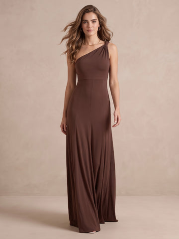 Chocolate Brown A Line Long Luxe Stretch Jersey Wedding Guest Dresses One Shoulder Formal Dresses
