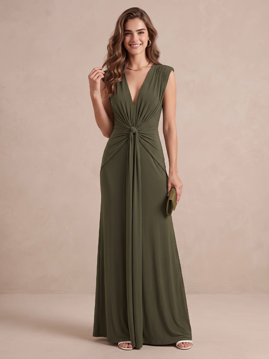 Olive Green A Line Luxe Stretch Jersey Long Wedding Guest Dresses Deep V Neck Formal Dresses Plus Size