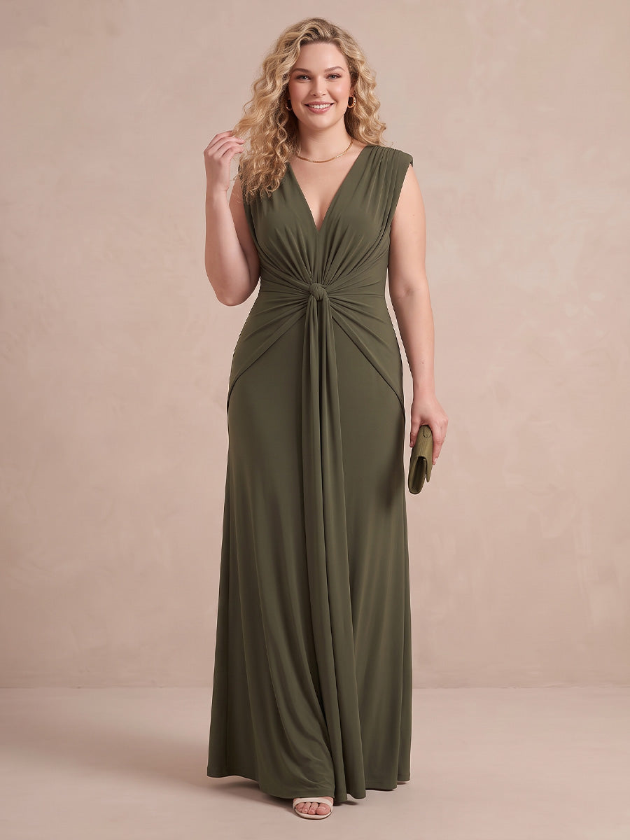 Olive Green A Line Luxe Stretch Jersey Long Wedding Guest Dresses Deep V Neck Formal Dresses Plus Size