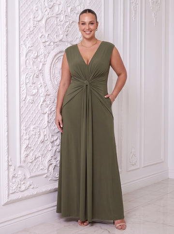 Olive Green A Line Luxe Stretch Jersey Long Wedding Guest Dresses Deep V Neck Formal Dresses Plus Size
