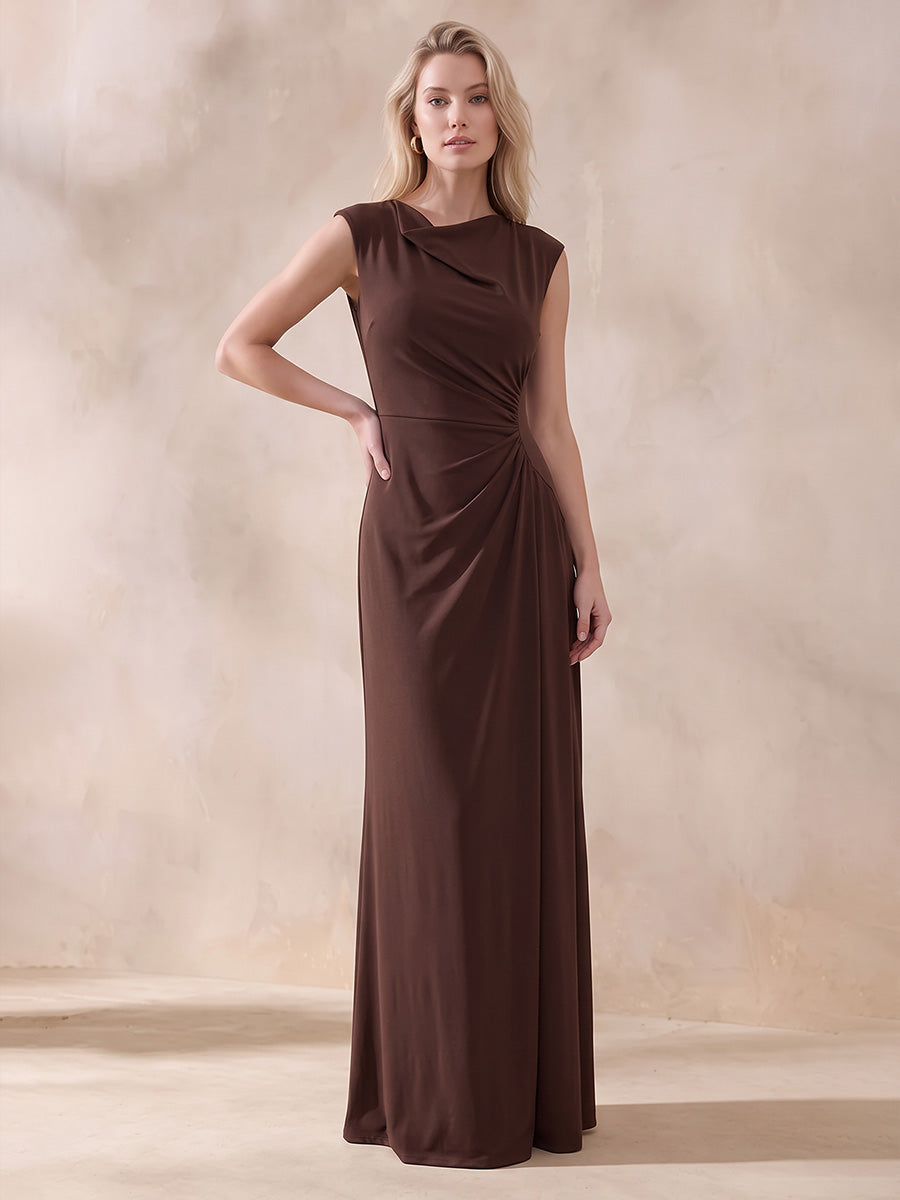 Chocolate Brown A Line Long Luxe Stretch Jersey Wedding Guest Dresses Cowl Neck Formal Dresses Plus