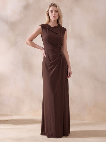 Chocolate Brown A Line Long Luxe Stretch Jersey Wedding Guest Dresses Cowl Neck Formal Dresses Plus