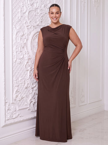 Chocolate Brown A Line Long Luxe Stretch Jersey Wedding Guest Dresses Cowl Neck Formal Dresses Plus