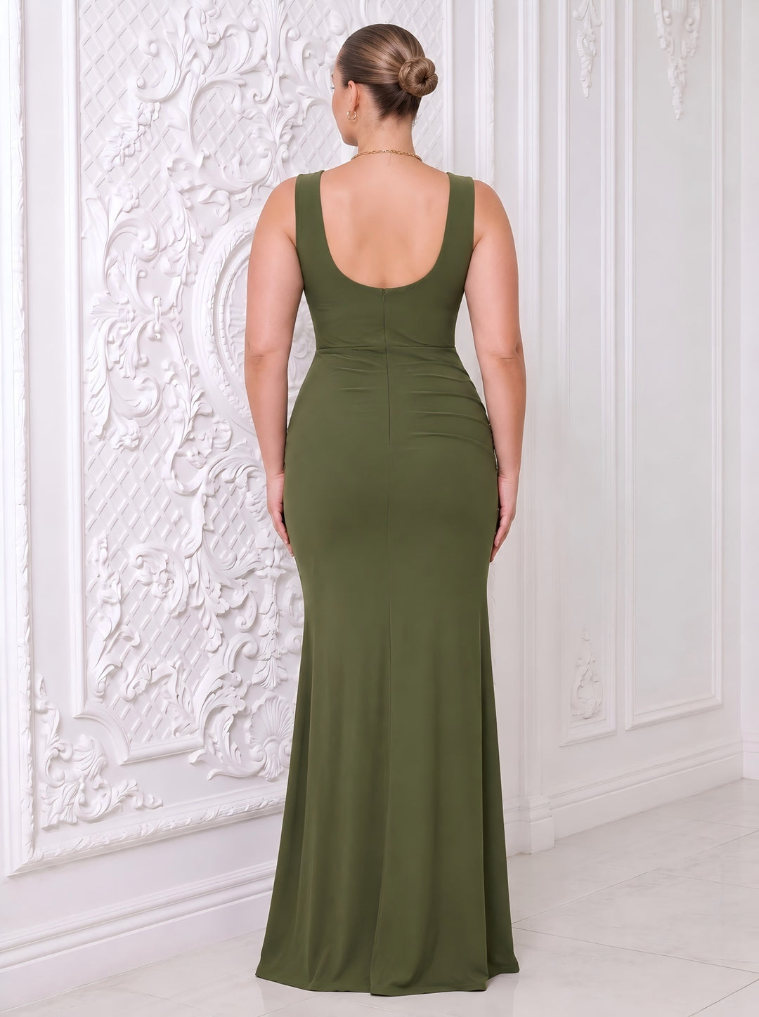 Olive Green Mermaid Floor Length Luxe Stretch Jersey Wedding Guest Dresses Square Neck Formal Dresses Plus Size