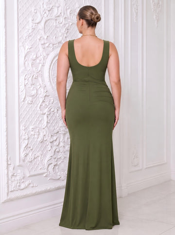 Olive Green Mermaid Floor Length Luxe Stretch Jersey Wedding Guest Dresses Square Neck Formal Dresses Plus Size