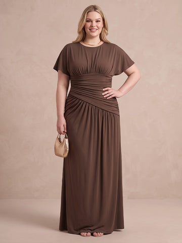 Brown A Line Floor Length Luxe Stretch Jersey Wedding Guest Dresses Round Neck Formal Dresses with Sleeves