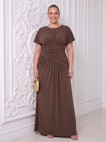 Brown A Line Floor Length Luxe Stretch Jersey Wedding Guest Dresses Round Neck Formal Dresses with Sleeves Plus Size