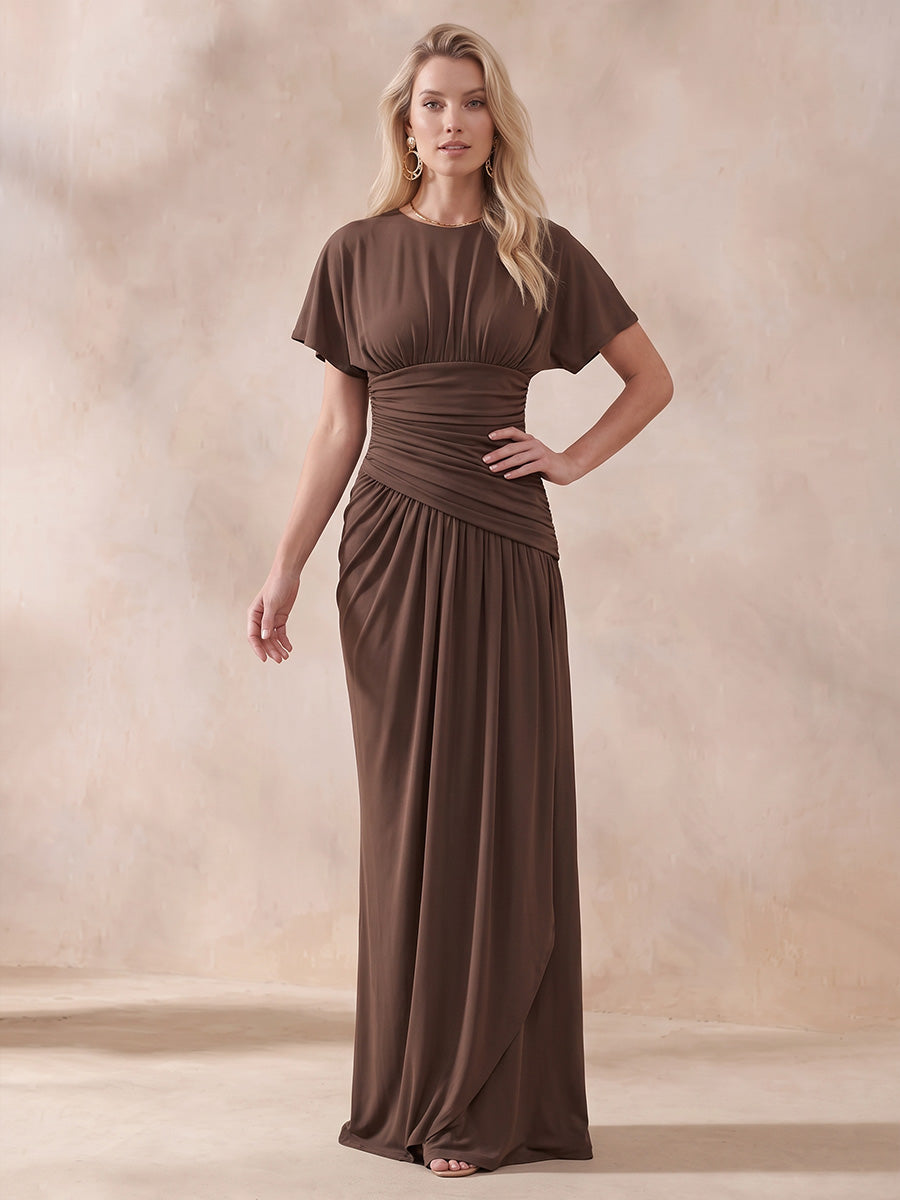 Brown A Line Floor Length Luxe Stretch Jersey Wedding Guest Dresses Round Neck Formal Dresses with Sleeves Plus Size