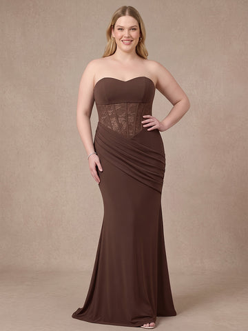 Brown Mermaid Floor Length Luxe Stretch Jersey Wedding Guest Dresses Strapless Formal Dresses