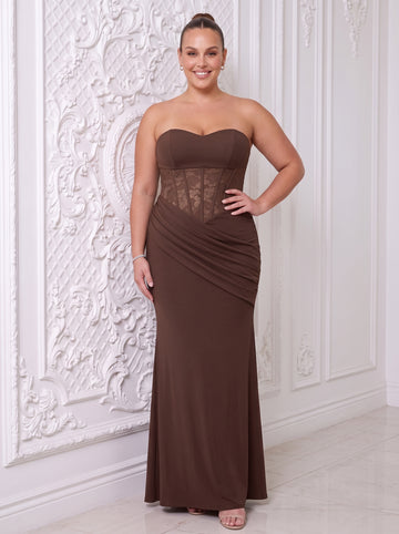 Brown Mermaid Floor Length Luxe Stretch Jersey Wedding Guest Dresses Strapless Formal Dresses Plus Size