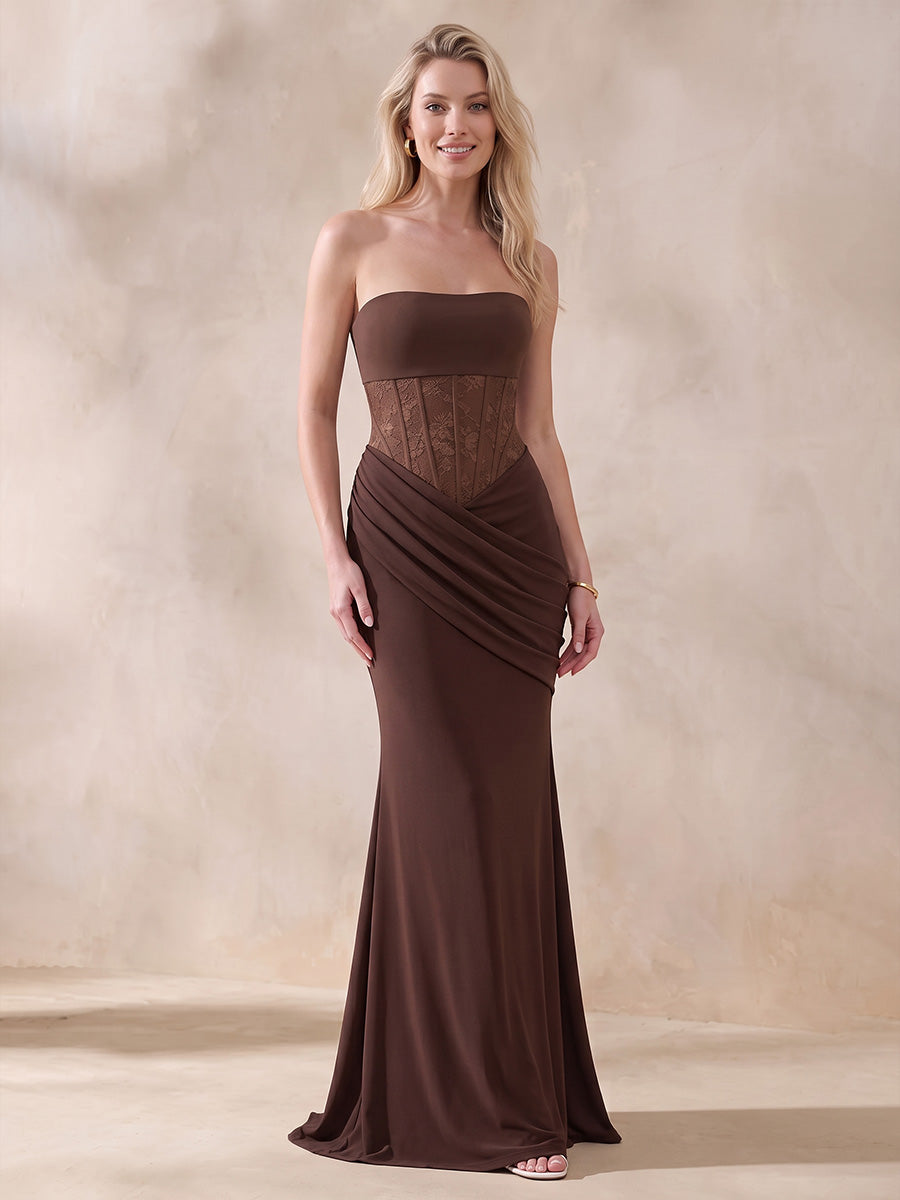 Brown Mermaid Floor Length Luxe Stretch Jersey Wedding Guest Dresses Strapless Formal Dresses Plus Size