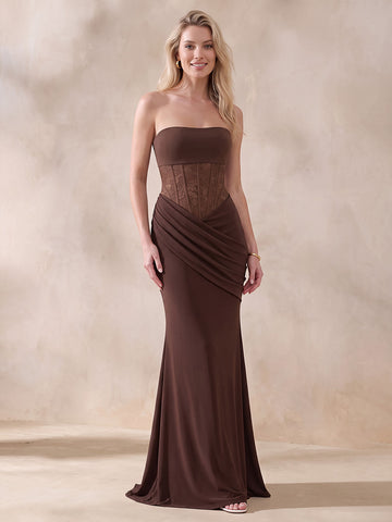 Brown Mermaid Floor Length Luxe Stretch Jersey Wedding Guest Dresses Strapless Formal Dresses Plus Size