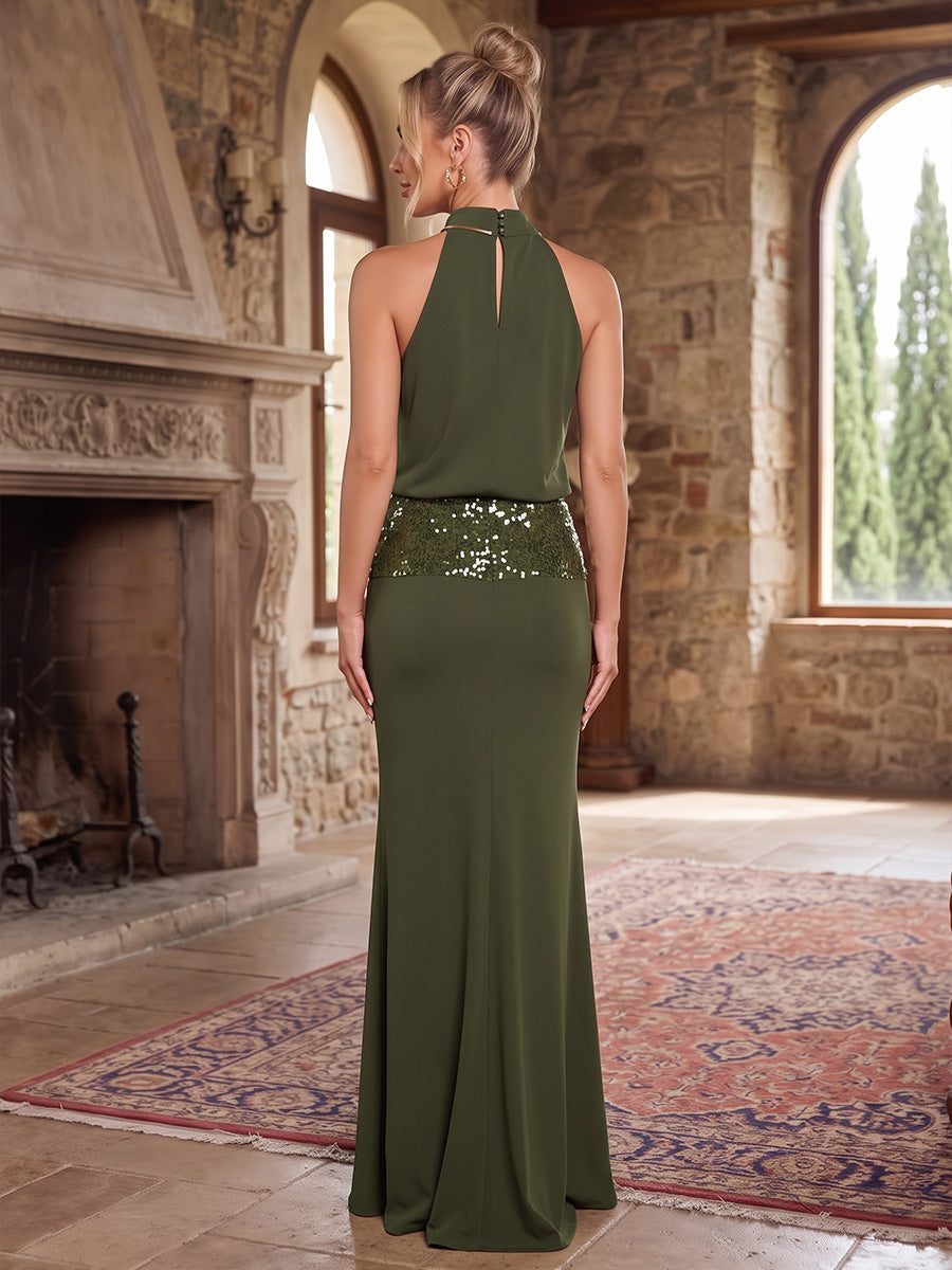 Olive Green Mermaid Long Luxe Stretch Jersey Wedding Guest Dresses High Neck Formal Dresses with Sequin Plus Size