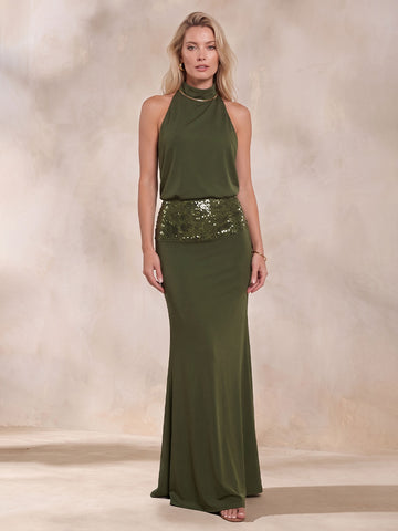 Olive Green Mermaid Long Luxe Stretch Jersey Wedding Guest Dresses High Neck Formal Dresses with Sequin Plus Size