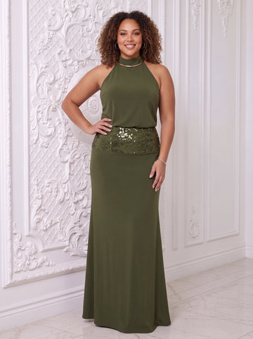 Olive Green Mermaid Long Luxe Stretch Jersey Wedding Guest Dresses High Neck Formal Dresses with Sequin Plus Size