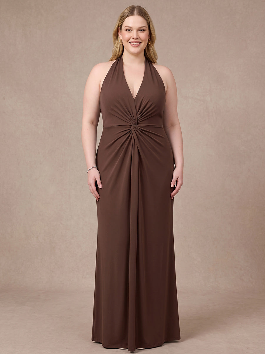 Brown Mermaid Floor Length Luxe Stretch Jersey Wedding Guest Dresses Halter Deep V Neck Formal Dresses