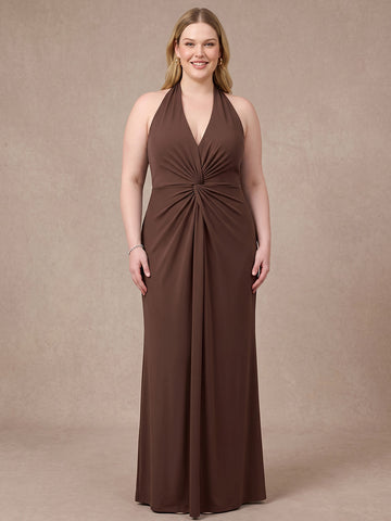 Brown Mermaid Floor Length Luxe Stretch Jersey Wedding Guest Dresses Halter Deep V Neck Formal Dresses