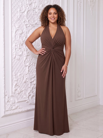 Brown Mermaid Floor Length Luxe Stretch Jersey Wedding Guest Dresses Halter Deep V Neck Formal Dresses Plus