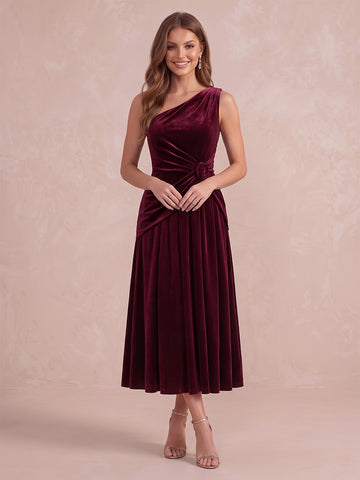 Burgundy A Line Tea Length Velvet Wedding Guest Dresses One Shoulder Formal Dresses