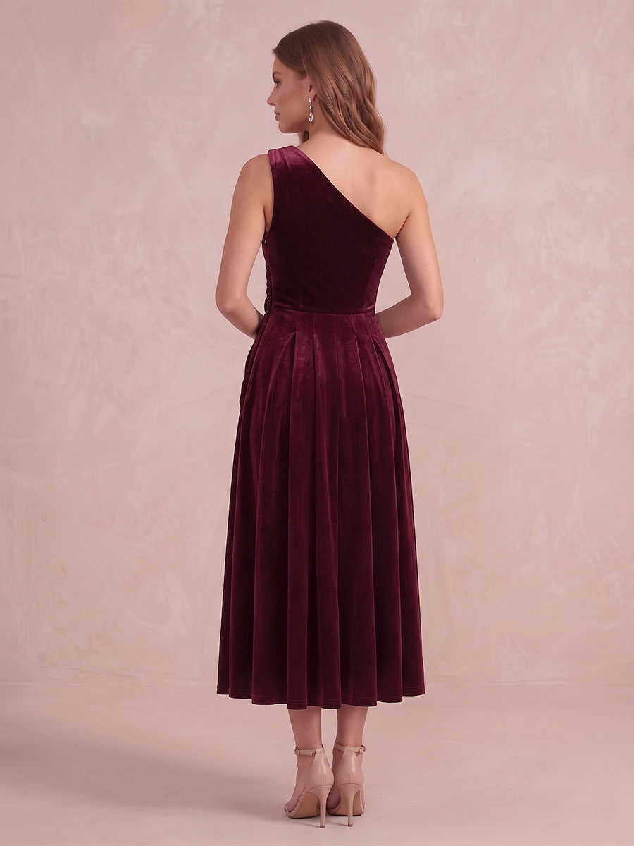 Burgundy A Line Tea Length Velvet Wedding Guest Dresses One Shoulder Formal Dresses