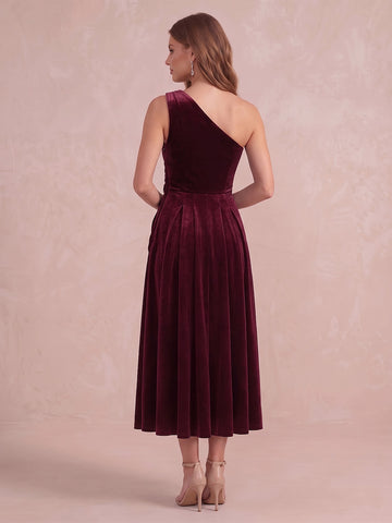 Burgundy A Line Tea Length Velvet Wedding Guest Dresses One Shoulder Formal Dresses