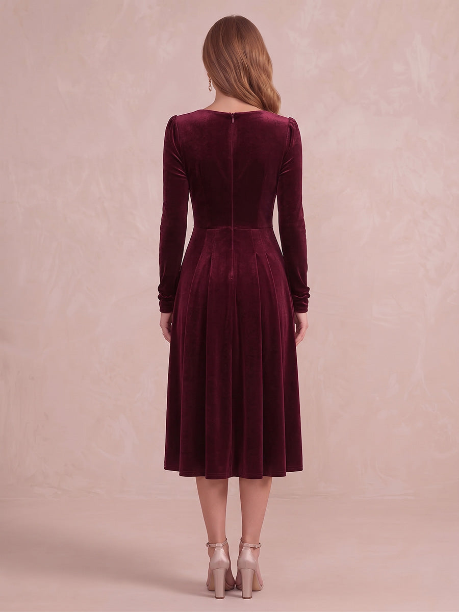 Burgundy A Line Tea Length Velvet Wedding Guest Dresses Sweetheart Square Neck Formal Dresses