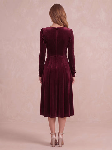 Burgundy A Line Tea Length Velvet Wedding Guest Dresses Sweetheart Square Neck Formal Dresses