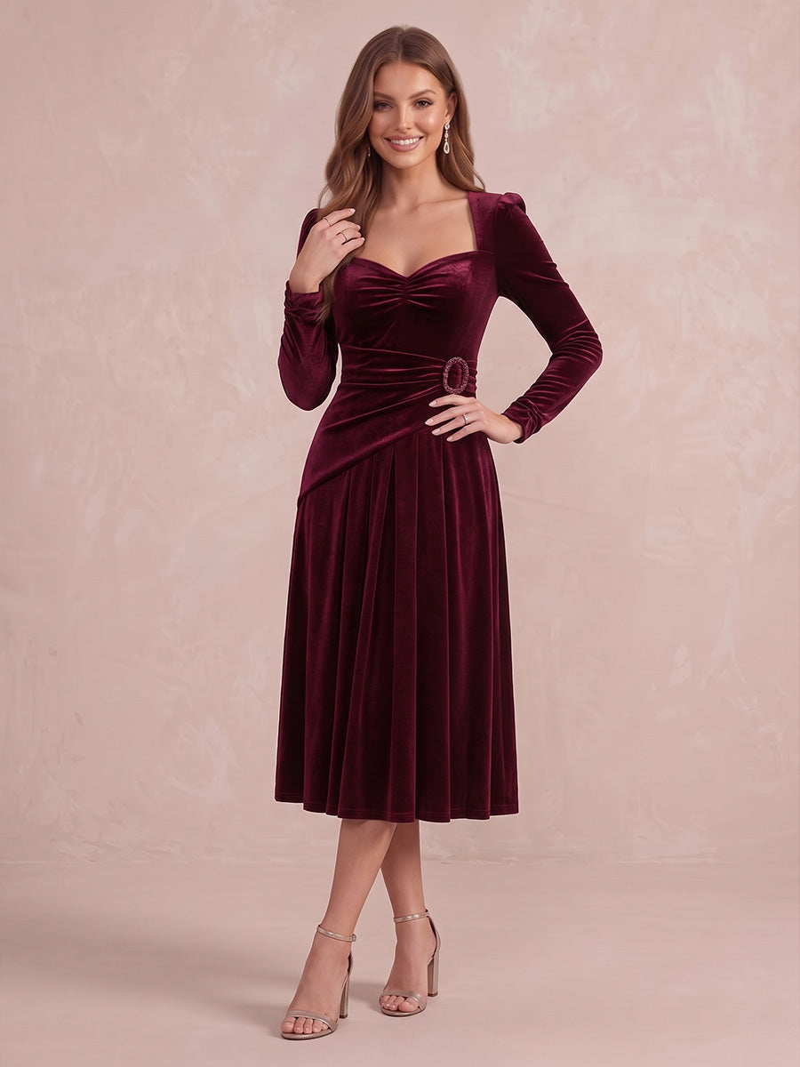 Burgundy A Line Tea Length Velvet Wedding Guest Dresses Sweetheart Square Neck Formal Dresses
