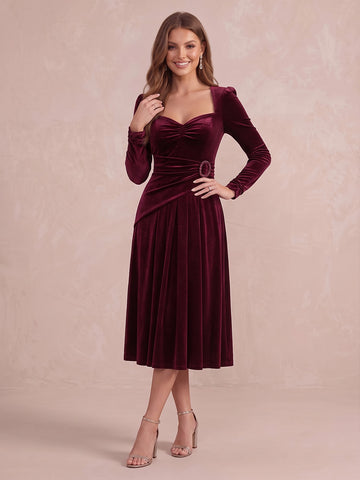 Burgundy A Line Tea Length Velvet Wedding Guest Dresses Sweetheart Square Neck Formal Dresses