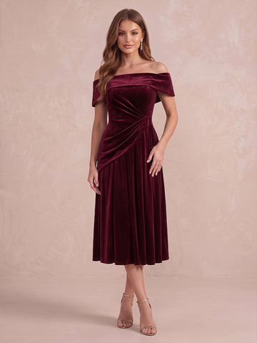 Burgundy A Line Tea Length Velvet Wedding Guest Dresses Off The Shoulder Formal Dresses