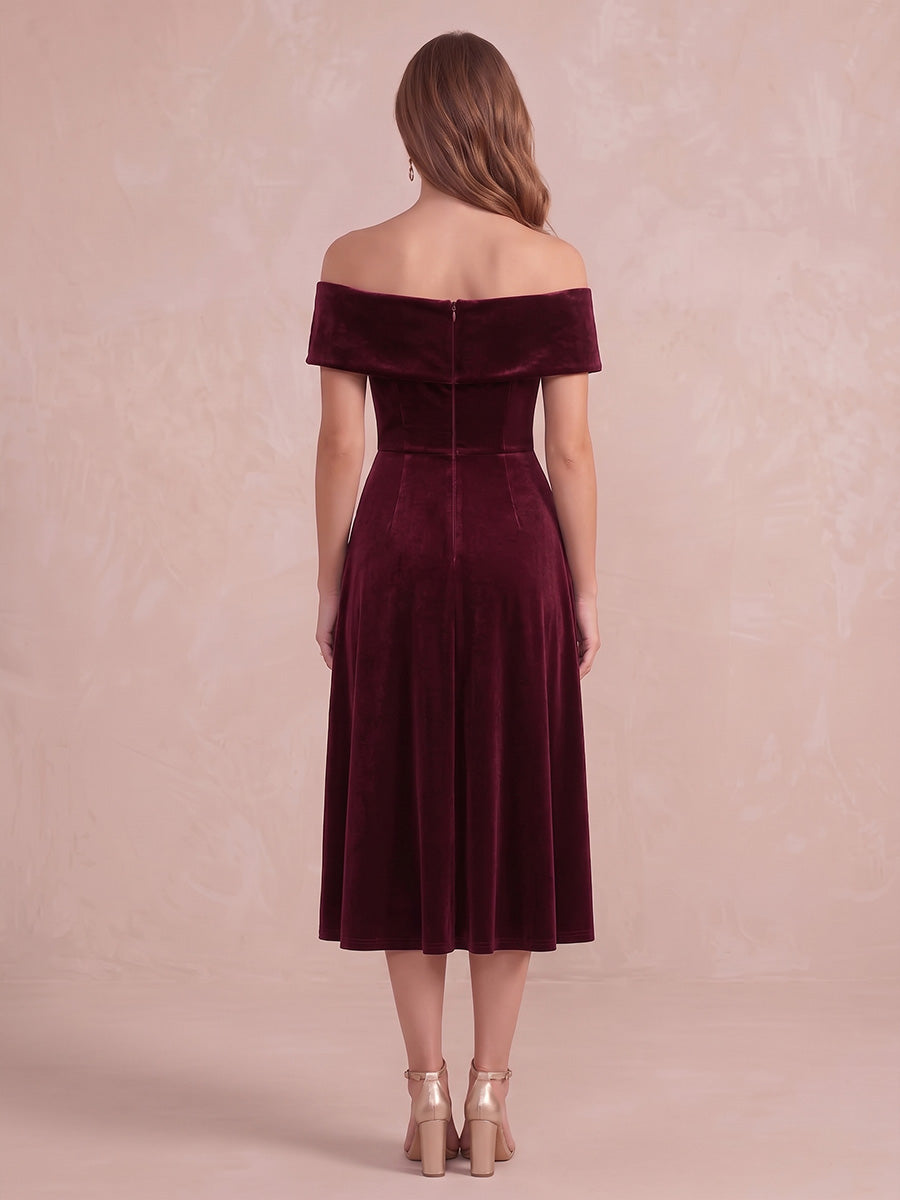 Burgundy A Line Tea Length Velvet Wedding Guest Dresses Off The Shoulder Formal Dresses