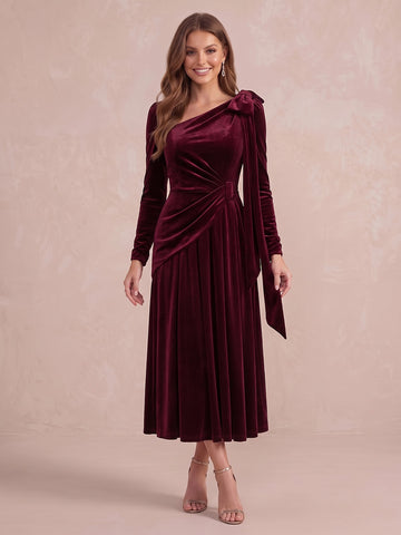 Burgundy A Line Tea Length Velvet Wedding Guest Dresses One Shoulder Formal Dresses