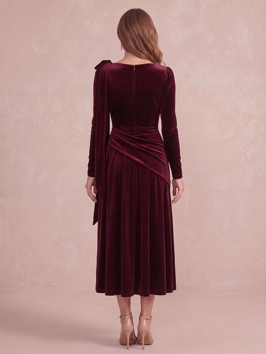 Burgundy A Line Tea Length Velvet Wedding Guest Dresses One Shoulder Formal Dresses