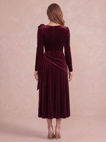Burgundy A Line Tea Length Velvet Wedding Guest Dresses One Shoulder Formal Dresses