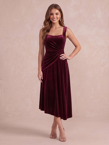 Burgundy A Line Tea Length Velvet Wedding Guest Dresses Square Neck Formal Dresses