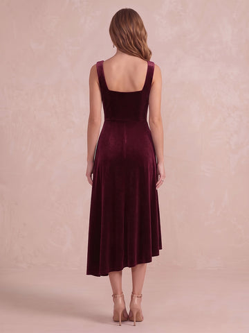 Burgundy A Line Tea Length Velvet Wedding Guest Dresses Square Neck Formal Dresses