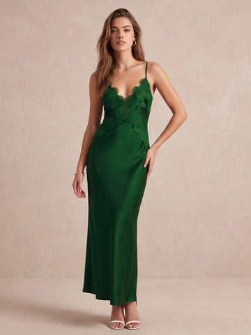 Emerald Green Sheath Ankle Length Satin With Lace Wedding Guest Dresses V Neck Formal Dresses