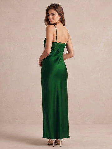 Emerald Green Sheath Ankle Length Satin With Lace Wedding Guest Dresses V Neck Formal Dresses