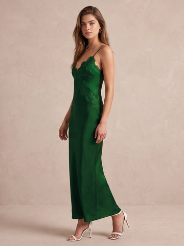 Emerald Green Sheath Ankle Length Satin With Lace Wedding Guest Dresses V Neck Formal Dresses