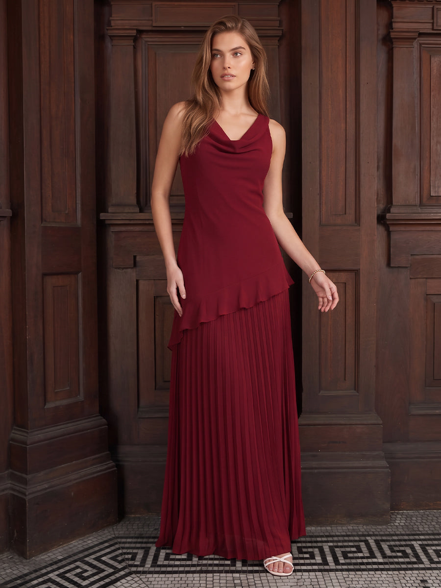 Wine Red Long Stretch Fabric Wedding Guest Dresses Cowl Neck Sleeveless Formal Dresses
