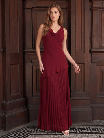 Wine Red Long Stretch Fabric Wedding Guest Dresses Cowl Neck Sleeveless Formal Dresses