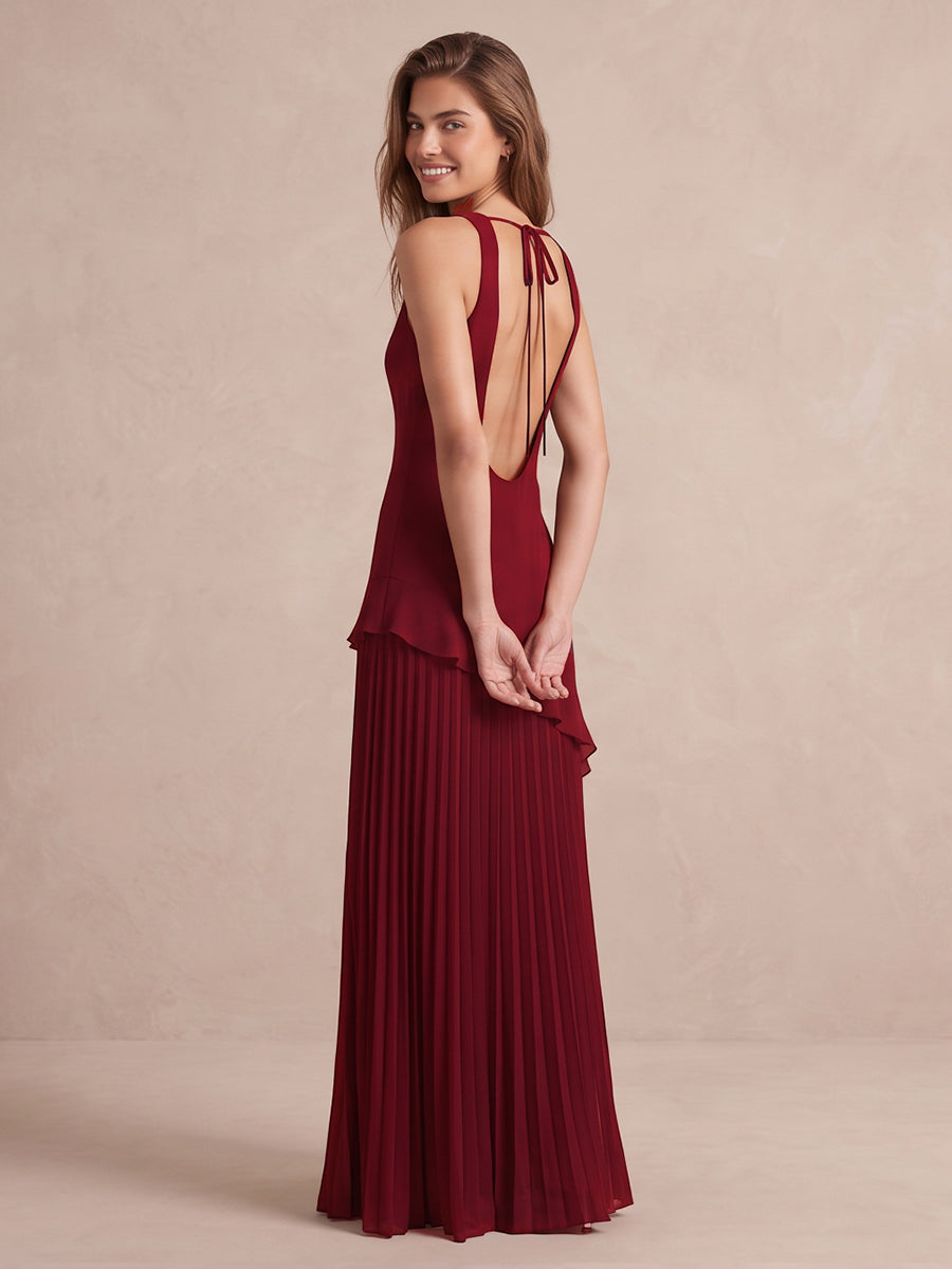 Wine Red Long Stretch Fabric Wedding Guest Dresses Cowl Neck Sleeveless Formal Dresses