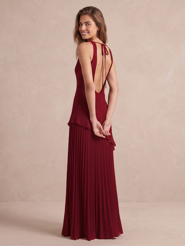 Wine Red Long Stretch Fabric Wedding Guest Dresses Cowl Neck Sleeveless Formal Dresses