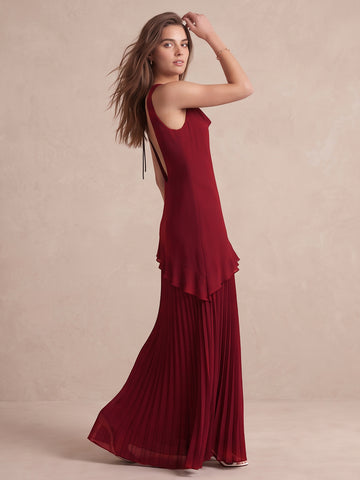 Wine Red Long Stretch Fabric Wedding Guest Dresses Cowl Neck Sleeveless Formal Dresses