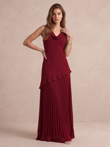 Wine Red Long Stretch Fabric Wedding Guest Dresses Cowl Neck Sleeveless Formal Dresses