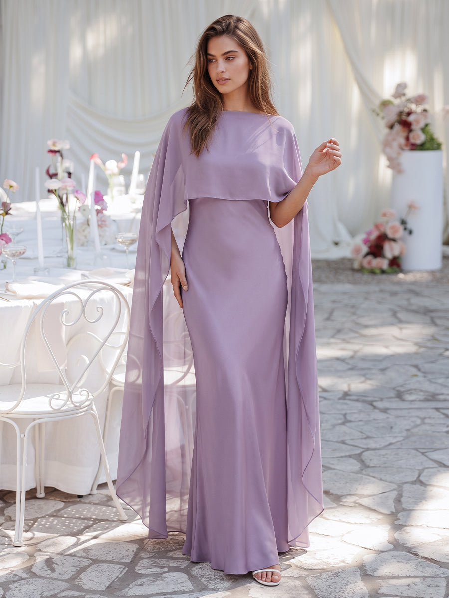 Wiseria Sheath Floor Length Satin Wedding Guest Dresses Cape Sleeve Formal Dresses