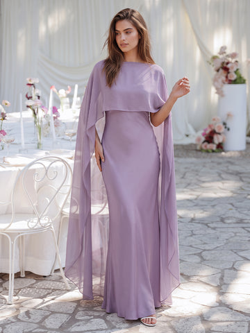 Wiseria Sheath Floor Length Satin Wedding Guest Dresses Cape Sleeve Formal Dresses