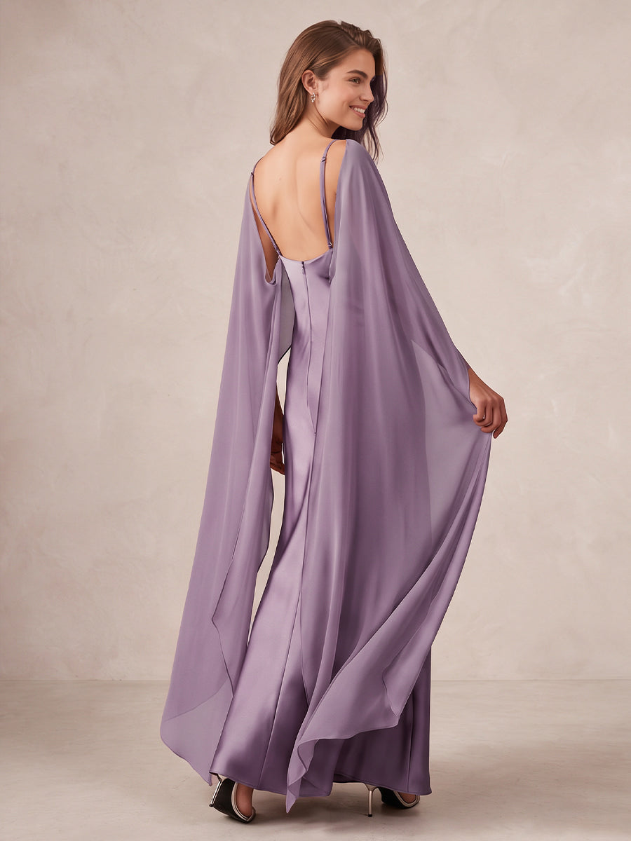 Wiseria Sheath Floor Length Satin Wedding Guest Dresses Cape Sleeve Formal Dresses