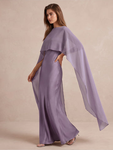 Wiseria Sheath Floor Length Satin Wedding Guest Dresses Cape Sleeve Formal Dresses