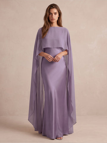 Wiseria Sheath Floor Length Satin Wedding Guest Dresses Cape Sleeve Formal Dresses